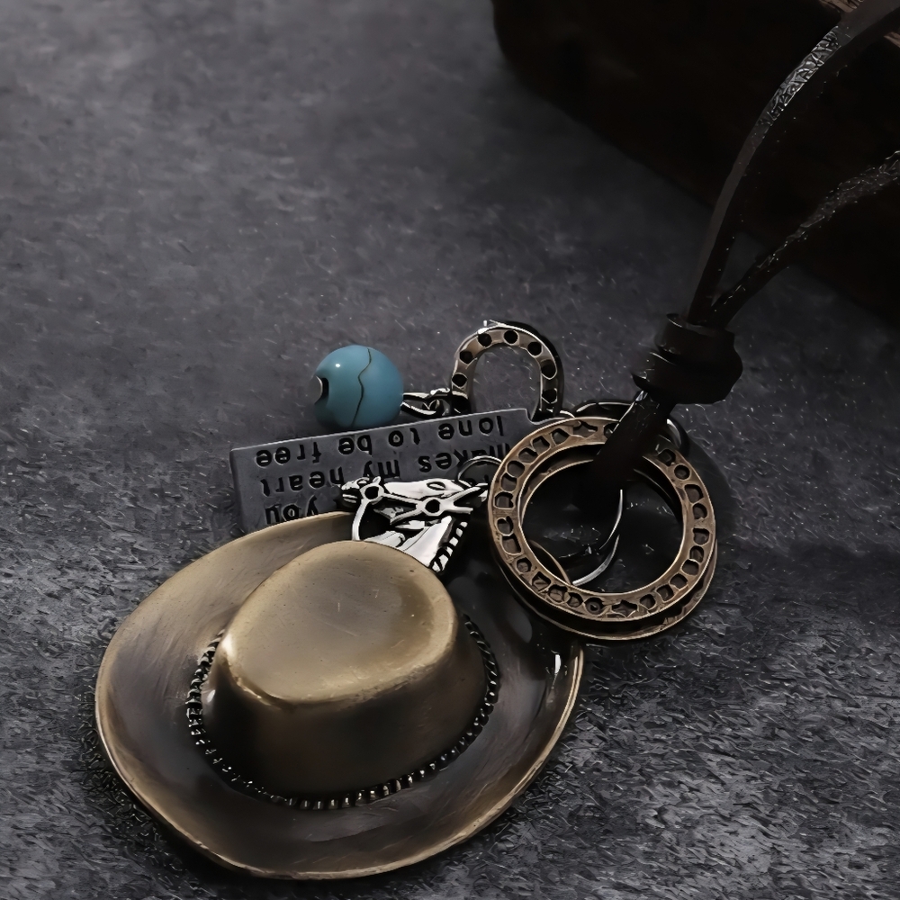 Antique Gold Cowboy Hat and Multi Charm Pendant Necklace